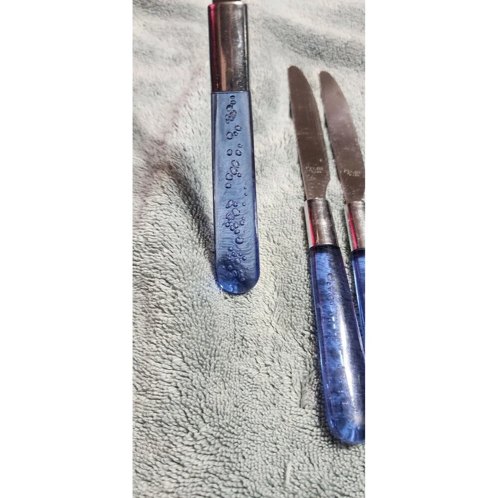 Vtg Flatware Stainless Steel Silverware 10 Settings Blue Lucite Plastic